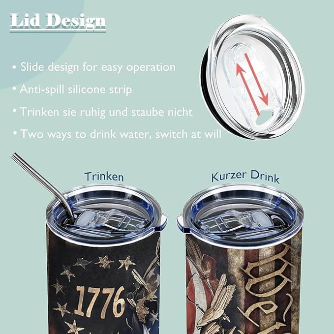 ATHAND American Flag Skull Tumbler,20 Oz Insulated Stainless Steel Skinny Coffee Tumbler with Lid,Patriotic Birthday Gifts for Men,1 Pcs