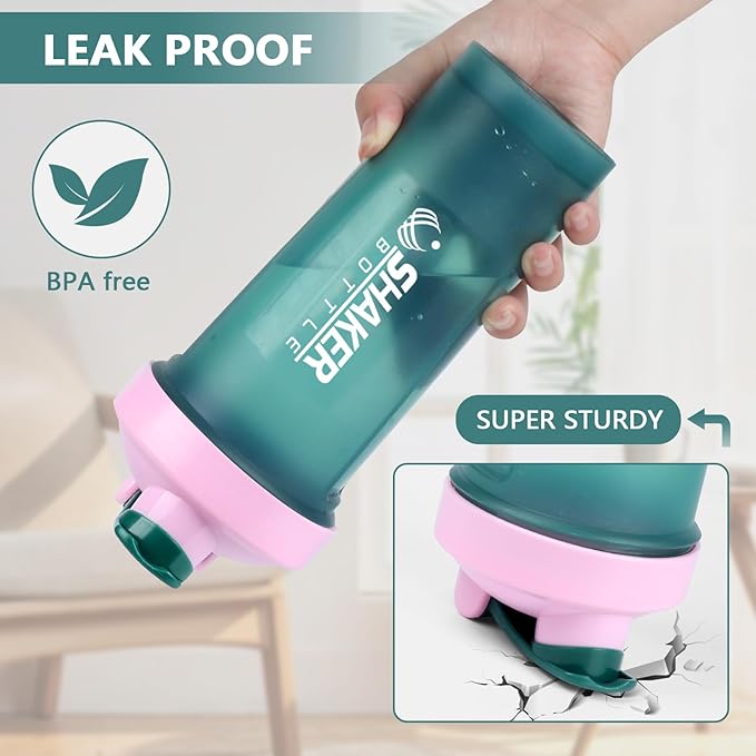 Protein Shaker Bottle 24oz- Leak- Proof GYM Shaker Cup with Handle and Mixing Ball Effortlessly Blend Drinks, Stay Hydrated During Workouts - BPA Free (GREEN)