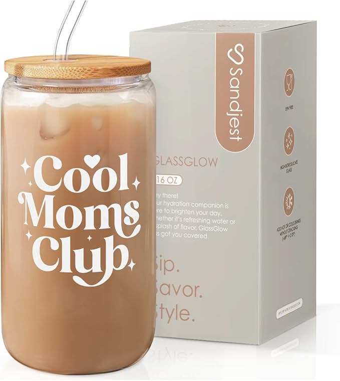 Mom Glass Can, Cool Mom Club Cup with Lid & Straw, Iced Coffee Aesthetic Cups, Idea Gift for Christmas Birthday Mother Day, Gifts for Women, 16oz