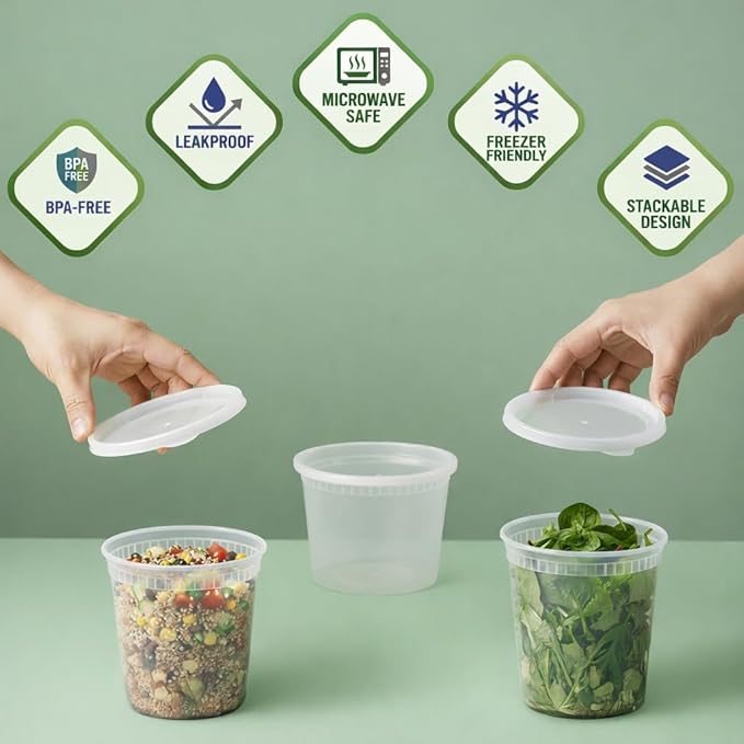 JoyServe 48 Sets Deli Containers with Lids – 16oz & 32oz – Leak Proof, Microwaveable, Dishwasher & Freezer Safe – Plastic Food Storage & Soup Containers
