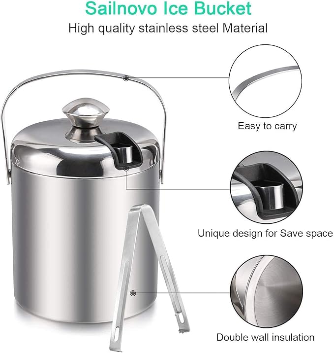 Sailnovo Mini Ice Bucket 1.2 Liter, Premium Compact Double-Wall Stainless Steel with Lid & Ice Tong, Ideal for Cocktails, Personal Bar, Small Parties - Silver