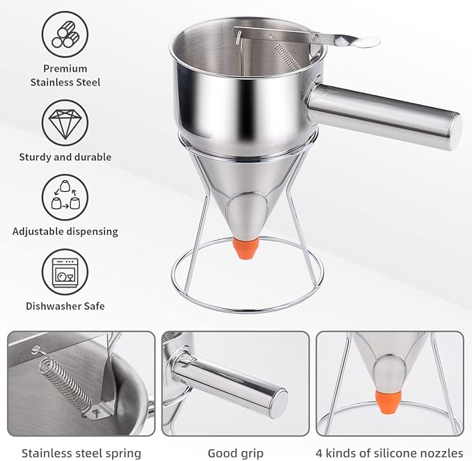 20oz Pancake Batter Dispenser, Stainless Steel 4 Caliber Funnel Cake Dispenser with Stand Great for Pancakes, Cupcakes and Baked Goods