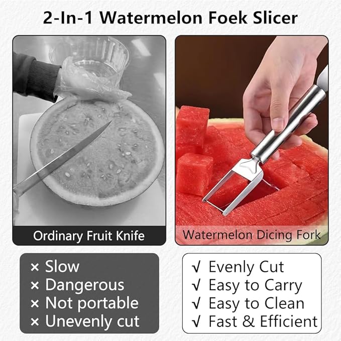 2-in-1 Stainless Steel Fruit Cutter, Watermelon Fork Slicer Tool, Watermelon Slicer and Fork, Dual Head Knife with Round Handle for Kitchen Fruit Cubes (3Pcs)