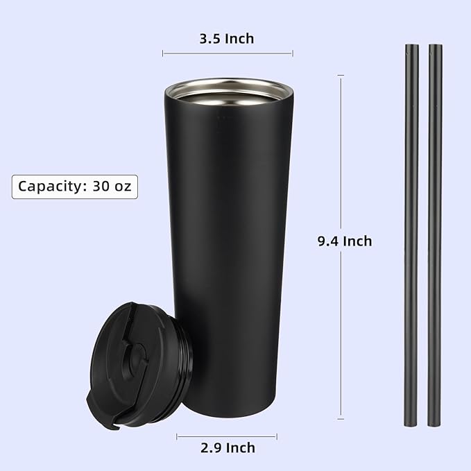 Konokyo 30 OZ Insulated Tumbler with Lid and 2 Straws Stainless Steel Water Bottle Vacuum Travel Mug Coffee Cup,Black