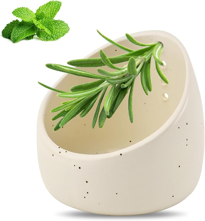 Upgrade Pottery Herb Stripper Bowl - Handmade Ceramic Peeling Cup with Round Holes, Efficient Leaf Removal Tool for Kale, Cilantro, Thyme, Parsley, Kitchen Gadget(White)