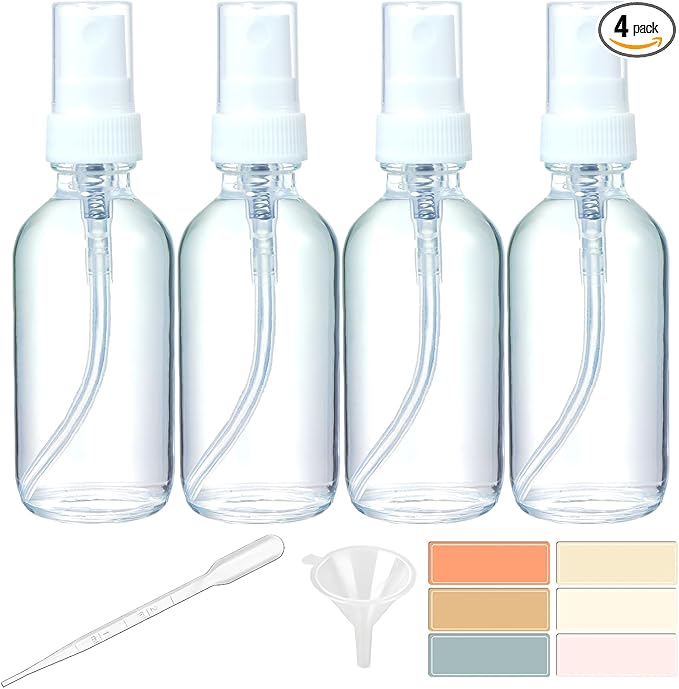 4 Pack 2oz Clear Glass Spray Bottles, Fine Mist Refillable Atomizer for Essential Oils, Perfume, Hair, Face & Travel | Leak-Proof Mini Empty Spritzer Bottles with Labels, Funnel & Pipette (60ml)