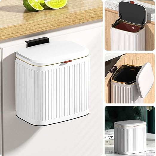 Hanging Trash Can with Lid, Stainless Steel Countertop Compost Bin with Removable Inner Bucket, Wall-Mounted Wastebasket for Cabinet, Under Sink, Bathroom, Office, Kitchen, 1.05 Gal/4L (White)