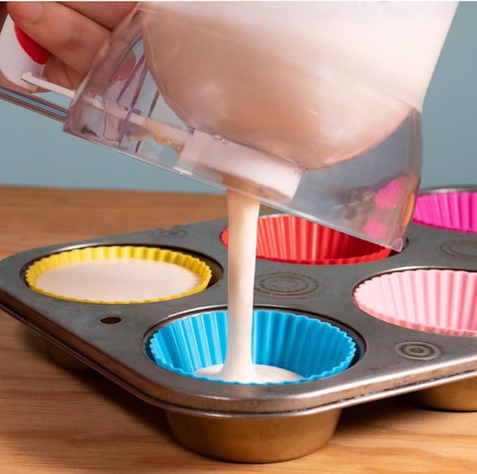 Leilanis Breadleaf Batter Dispenser for Pancakes, Waffles, Cookies, Cakes, Set 6 pcs Griddle BreakFast Kit Egg Rings and Oil Brush 4 Cup Capacity (Red)