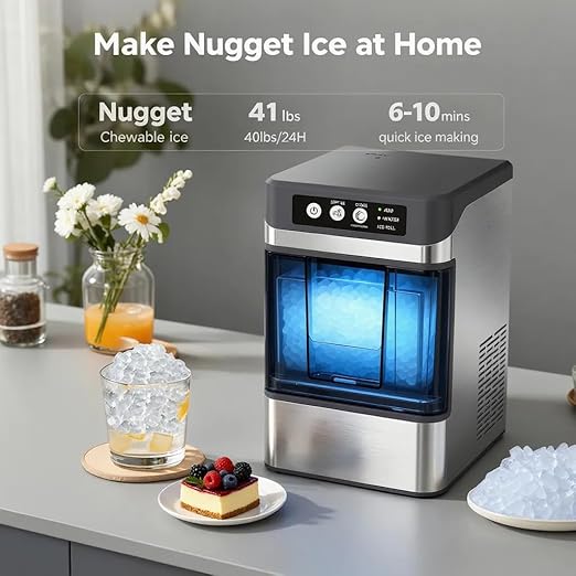 Nugget Ice Maker Countertop for Chewable Ice, 41lbs/24H Portable Pellet Ice Machine with One-Click Operation Self-Cleaning for Home, Kitchen, Bar, Office, Party (Silver)