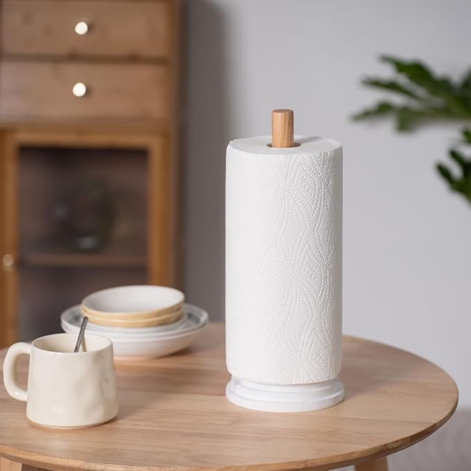 Marble White Standing Paper Towel Holder for Kitchen Countertop,Toliet Paper Roll Holder for Bathroom with Weighted Resin Base and Sturdy Wood Stand,for Standard or Plus Rolls, Height-Adjustable