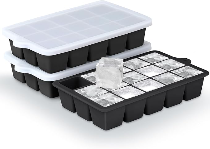 Silicone Ice Cube Trays 3Packs, Easy Release Ice Cube Molds with Lid, Freezer Stackable Ice Maker for Whiskey, Baby Food, BPA Free (Black)