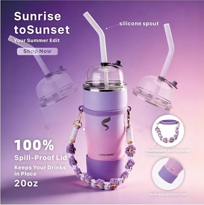 20oz Insulated Tumbler with Straw & Lid, Stainless Steel Vacuum Travel Mug, Handwoven Strap, Non-Slip Boot, Spill Proof, Pink Blue Purple Gradient