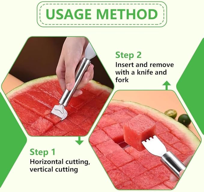 Stainless Steel Fruit Cutter, 2-in-1 Watermelon Slicer and Fork, Dual Head Knife with Round Handle, 4 Pieces, for Kitchen Fruit Cubes