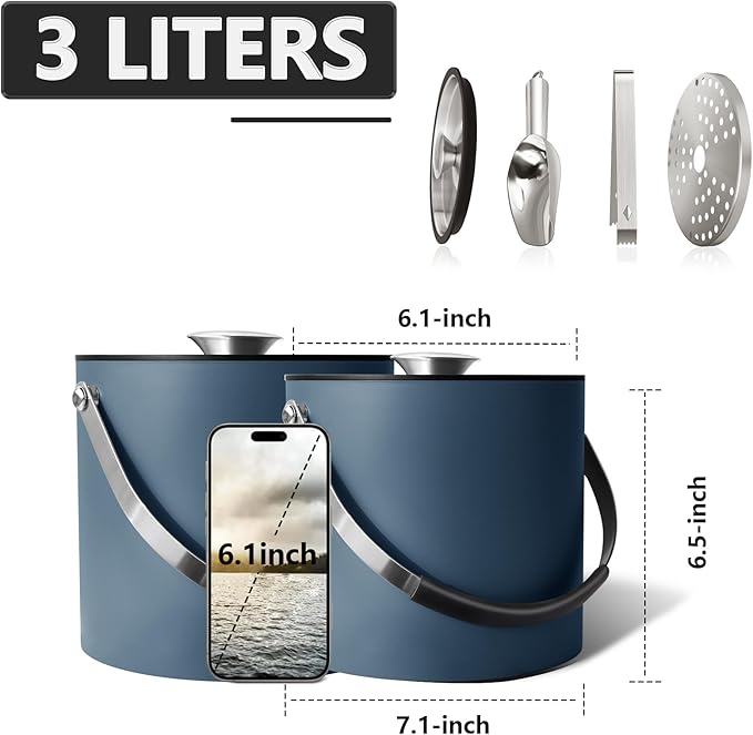Bakpoco 3L Ice Bucket with Silicone Lid, Scoop, Tongs & Strainer, Stainless Steel Double Wall Insulated Ice Buckets for Parties & Cocktail Bar, Outdoor Champagne Ice Container Bin, Navy