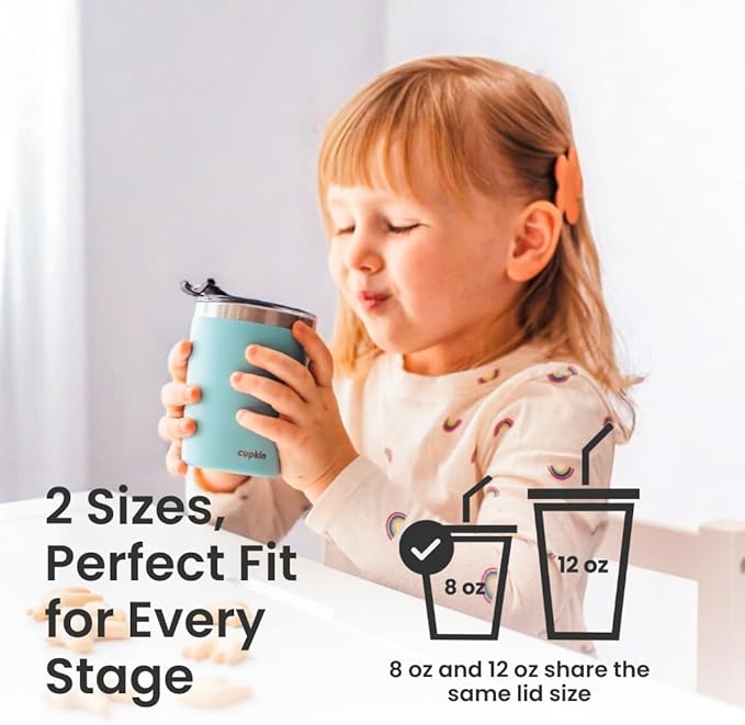 CUPKIN Trainer Sippy Cup, The Original 8 oz Stackable Stainless Steel Modern Tumblers, Set of 2 Powder Coated Insulated Cups for Kids + BPA Free Lids + Reusable Silicone Straws (8oz Black + White)