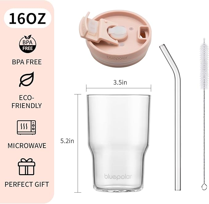 Iced Coffee Glasses with Lids and Straws,Car Cup Holder Friendly, Leakproof Portable Tumblers for Cold Brew, Juice & Smoothie, Ideal for Travel, Office & Gym, BPA-Free Reusable (pink,16, ounces)