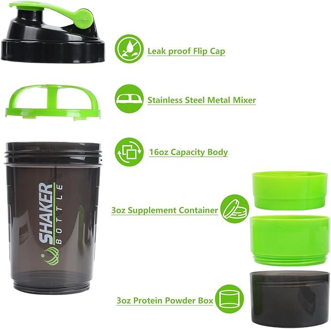 Protein Shaker Bottle,Sports Water Bottle,Leak Proof Shake Bottle For Protein Mixer,Non Slip 3 Layer Twist Off 3oz Cups with Pill Tray,Workout Shaker Bottle 16oz,Green