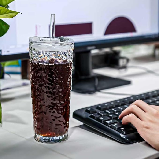 20oz Glass Tumblers with Lids and Straws - Stylish Vintage Ribbed Design for Iced Coffee, Juice, Smoothies, Milkshakes, Cold Beverages & Whiskey Cocktail Beer (Pure Bark - Texture)