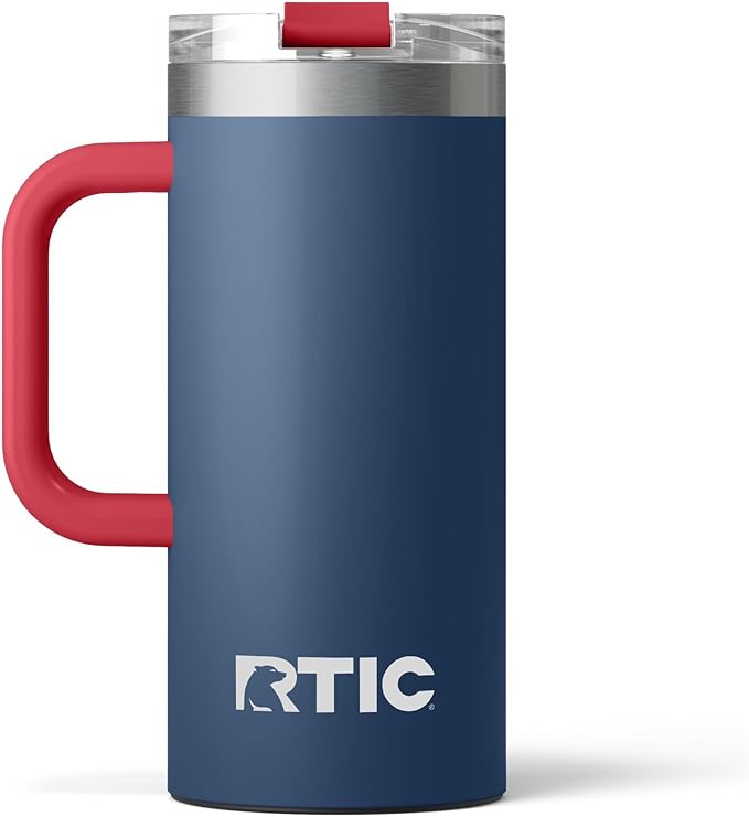 RTIC 16oz Road Trip Travel Mug with Lid and Handle, Ceramic Lined, Insulated, Stainless Steel, Metal, Double Wall Vacuum-Insulation, Portable Coffee, Tea Cup for Hot and Cold Drink, Patriot