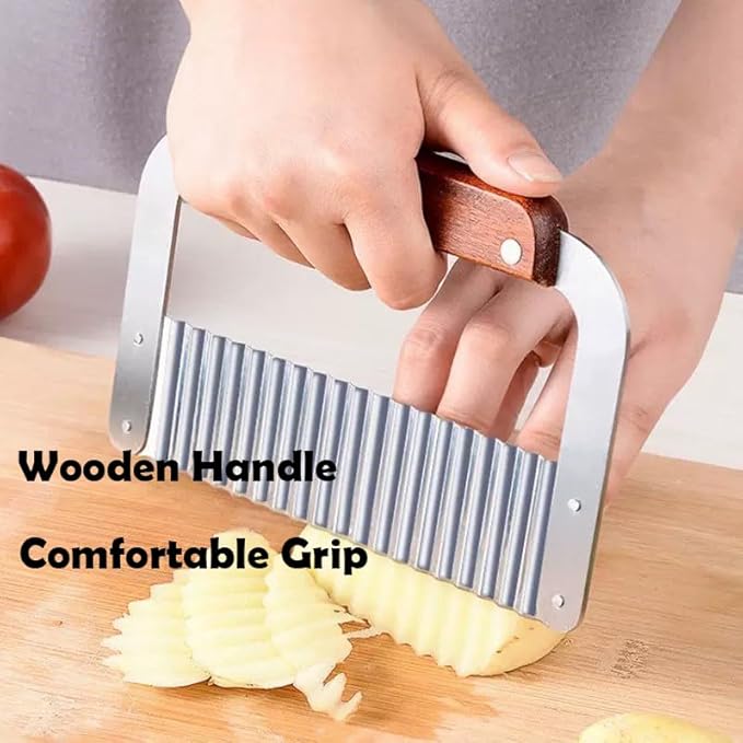 Heavy Duty Stainless Steel Large Crinkle Cutter Wavy Chopper French Fry Slicer for Potatoes Carrot Chips and Fruits, Vegetable, Potatoes, Onions (Wood-Style II, 1 PCS)