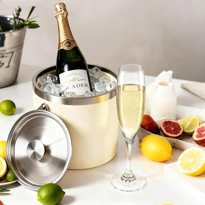 3L Beige-White Double Wall Insulated Stainless Steel Ice Bucket with Scoop for Cocktail Bar,Metal Ice Bucket for Freezer with Lid for Parties.ice Container to Keep Ice Colder,bar cart Accessories