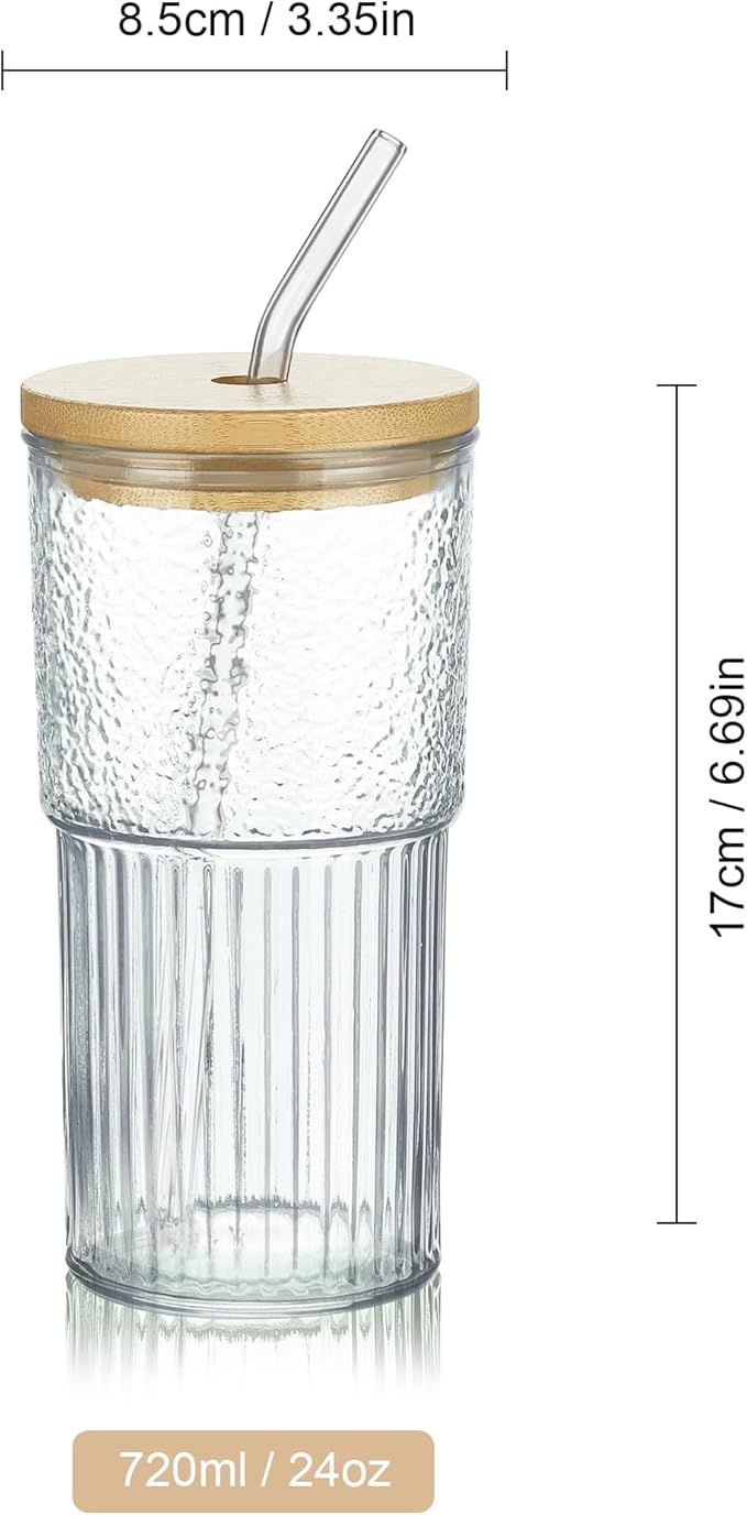 Joeyan 24 oz Clear Glass Tumbler with Straw and Bamboo Lid,Ribbed Large Glasses Cups for Iced Tea Coffee Smoothie Water Juice Beverages Soda,Thickened Drinking Jar,Set of 2,Dishwasher Safe