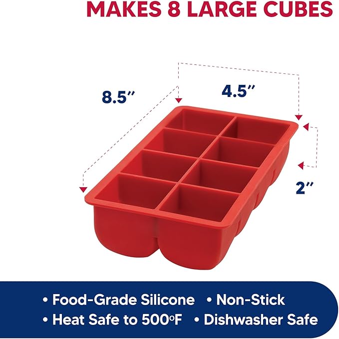 HIC Kitchen Big Block Silicone Ice Cube Tray, European-Grade, Non-Stick, Makes 8 Large Ice Cubes, Set of 2