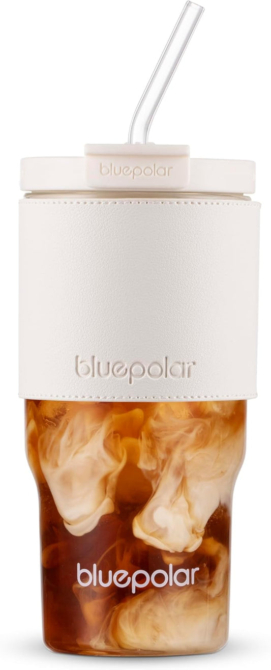 BLUEPOLAR 23oz/680ml Iced Coffee Tumbler, Glass Cups with Lids and Straws,Portable Reusable Cup for Smoothie, matcha,Large Clear Coffee Tumbler for Gym, Travel,car(white with Leather Sleeve)