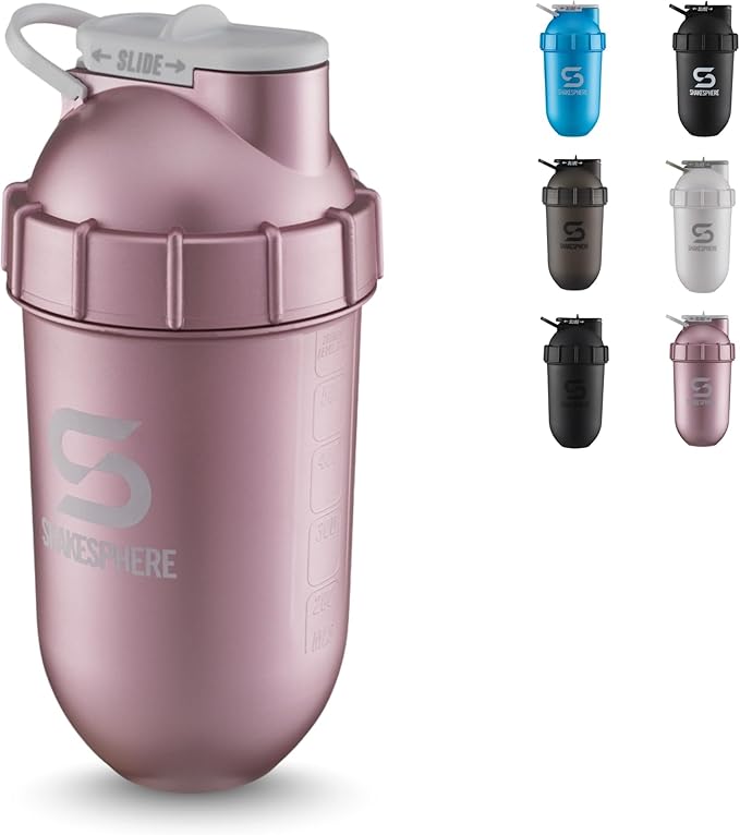SHAKESPHERE Shaker Bottle - 24oz Leak Proof Protein Shaker Bottle for Pre Workout, Smoothie, and Powder Drink Mixes, No-Blade Mixer for Gym, BPA-Free, Easy Clean & Easy to Carry (Rose Gold)