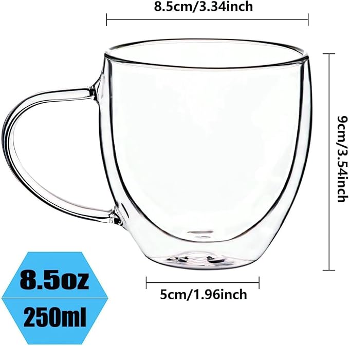 Espresso Cups Set Of 2, Double Walled Glass Coffee Mugs with Handle,Insulated Layer Coffee Cups,Clear Borosilicate Glass Mugs,Perfect for Cappuccino,Tea,Latte,Espresso (8oz-4Pack)