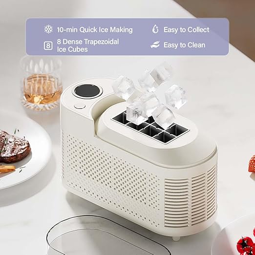 YUEWO Portable Countertop Mini Ice Maker - Ice Machine for Home, Office, Camping, Car | 10-15 Mins Fast Ice Making, 8 Cubes/Batch, 16.9oz Capacity, Ultra-Quiet 48dB, Food-Grade Safe (White)