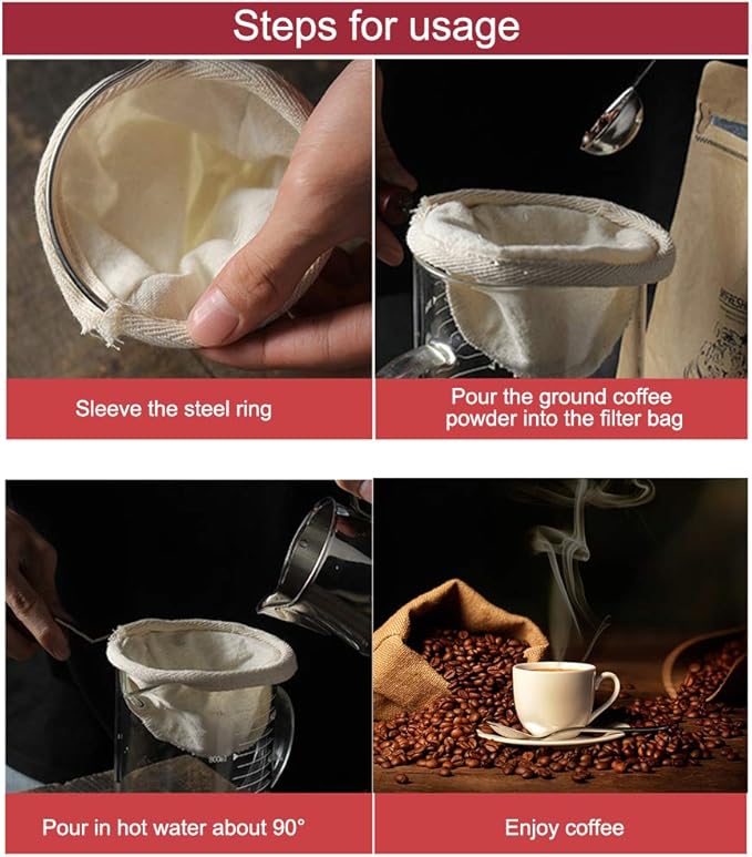 EKDJKK 4Pcs Flannel Cloth Reusable Coffee Filter, Cone Shaped, Stainless Steel Handle, For Coffee Maker, 1 Count, Beige