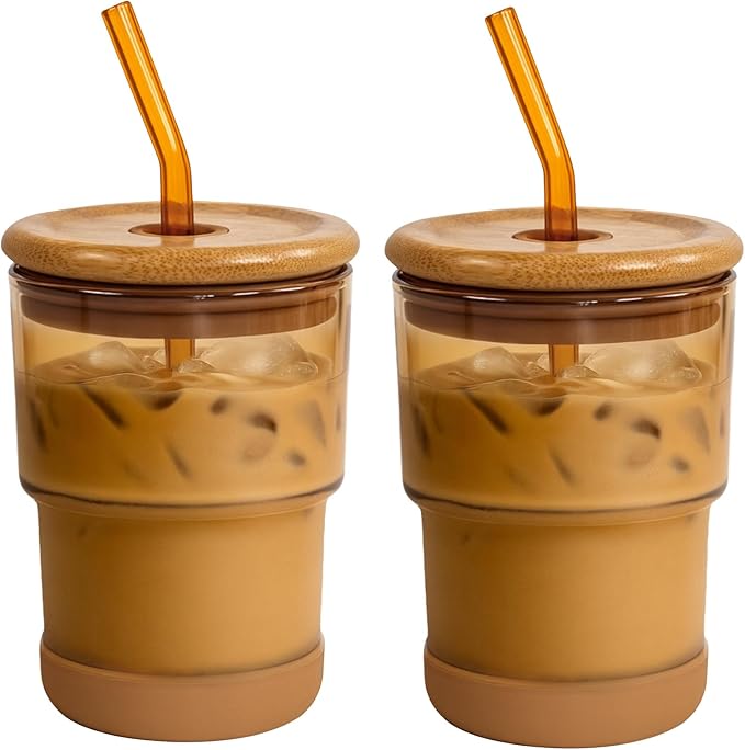 Zukro 13 oz/400ml Glass Cups with Bamboo Lid and Straw, Thick Wall Reusable Glass Tumbler for Iced Coffee, Tea, Matcha, Water Glasses for Home, Office, Non-Slip & BPA Free, Amber 2 Pack
