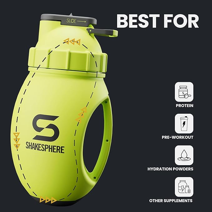 SHAKESPHERE Protein Shaker Bottle Jug 1.3L – Double Walled, Leak Proof Gym & Mixer Bottle, BPA-Free, Durable Design with Easy-Grip Handle, Silicone Base, and Clear Viewing Window – Fluorescent Yellow