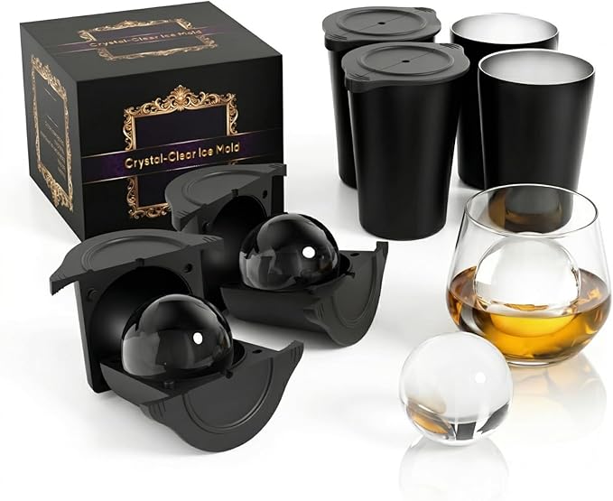 Clear Ice Cube Maker 2.5 Inch, Sphere Ice Ball Molds for Whiskey, Stainless Steel Clear Ice Mold with Non-BPA Silicone, Easy-Release Round Ice Cube Tray for Cocktails Bourbon, (4 Pack, Black)