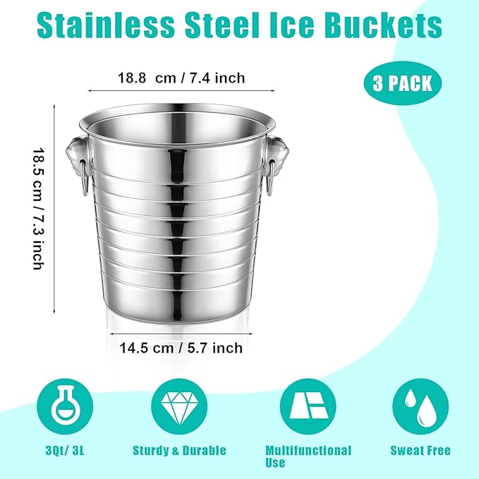 Pinkunn 3 Pack Stainless Steel Champagne Bucket 3 Qt Metal Ice Bucket Double Wall Wine Buckets with Handles Party Beverage Chiller for Champagne Beer Cocktail Wine Drinks Home Bar Accessories (Silver)