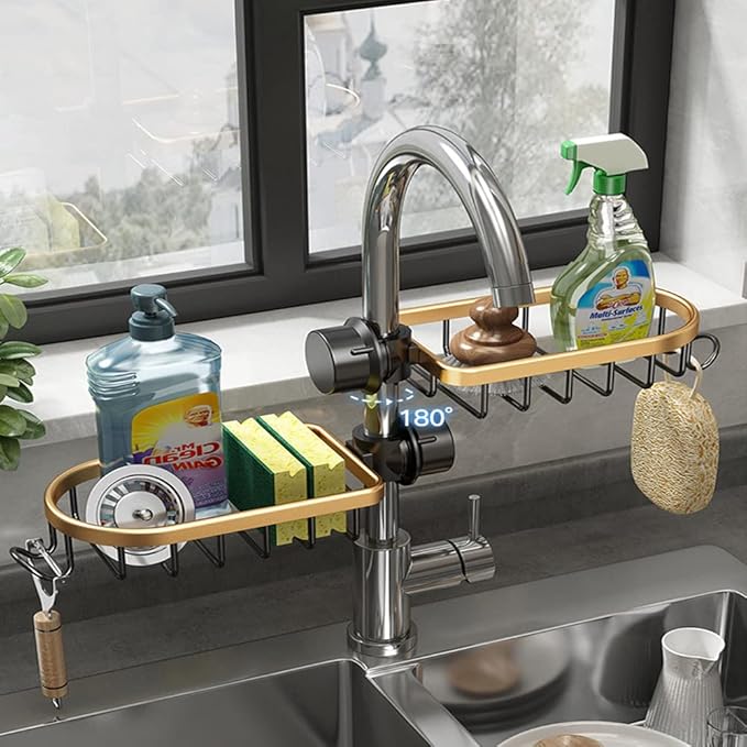 Faucet Sponge Holder Kitchen Sink Caddy Organizer Over Faucet Hanging Drain Rack (Normal, Golden)