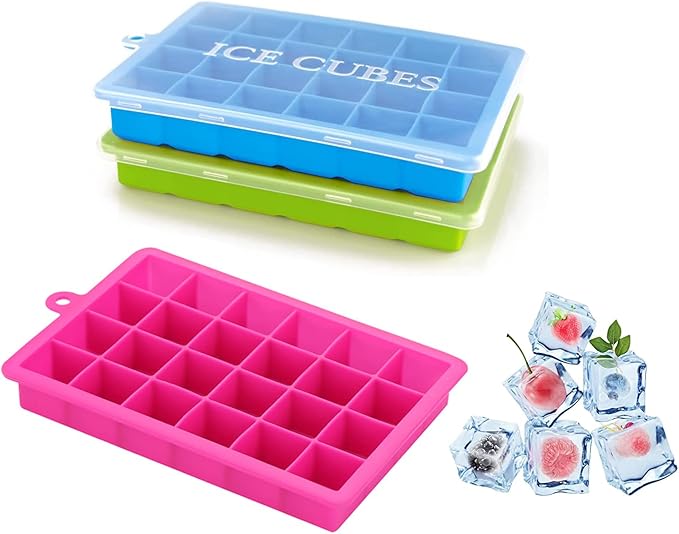 TAO CICADA Ice Cube Tray, 3 Pack Silicone Ice Cube Molds, Ice Cube Trays, Silicone Ice Trays, Easier to Release, BPA Free for Alcohol/Coffee/Beverages (Blue, Green, Rose red)
