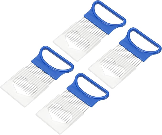 uxcell 4 Pcs Onion Slicer Holder, 4.3 x 3.1 Inch Stainless Steel Vegetable Cutting Holder Food Cutter Tool for Slicing Storing Onions Tomatoes Potatoes Avocados Apples, Blue