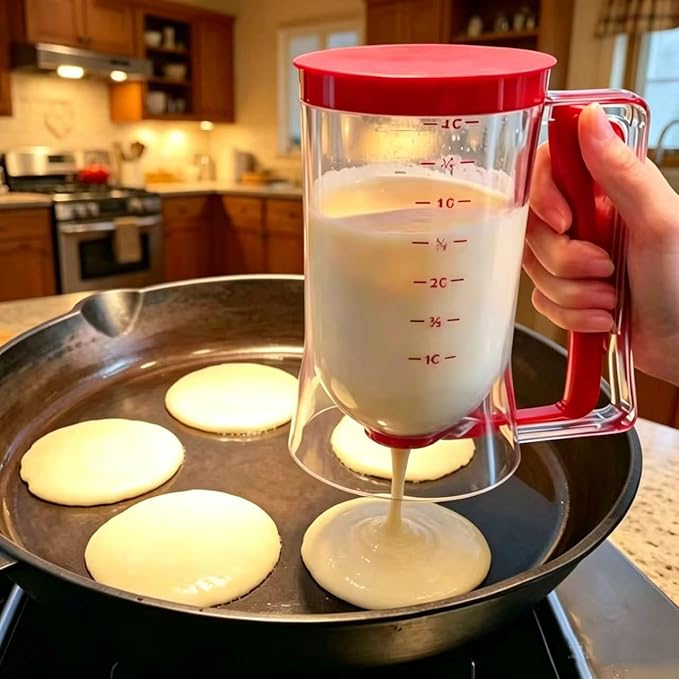 BBSTARZ Pancake Batter Dispenser – 4-Cup Batter Dispenser with Squeeze Handle & Measuring Marks for Pancakes, Waffles, Muffins, Crepes & Cupcakes – Baking Tool(Red)