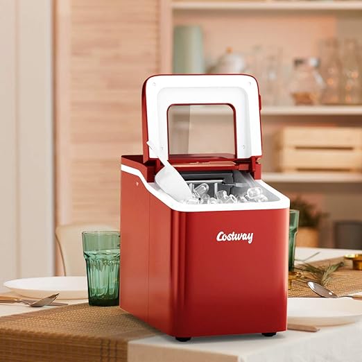 COSTWAY Countertop Ice Maker, 26Lbs/24H Portable Ice Machine with Self-Cleaning Function, Bullet Ice Cubes Ready in 8 Mins, Scoop and Removable Basket,Ice Maker for Home Party Bar, Red