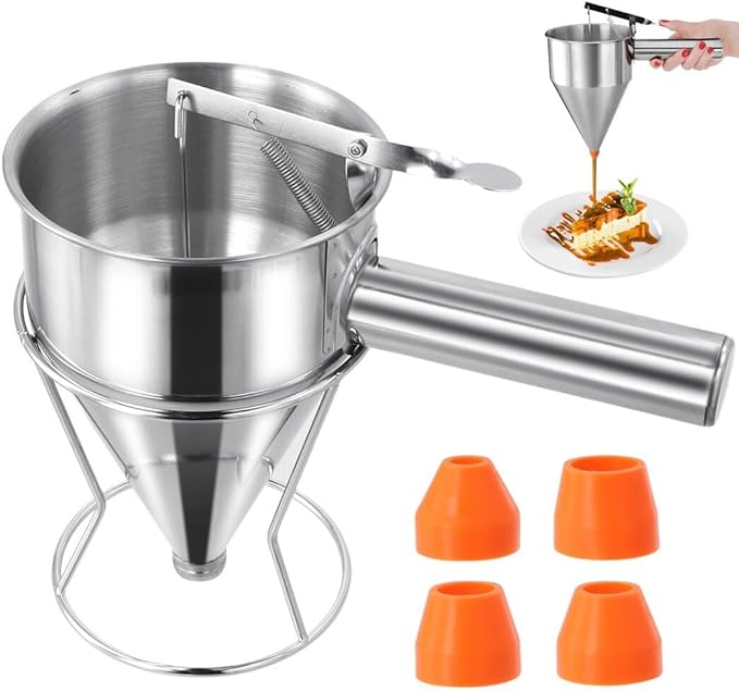 Stainless Steel Pancake Batter Dispenser 40oz Funnel Cake Dispenser with Stand Multi-Caliber for Baking Cupcakes Muffins Crepes or Any Baked Goods
