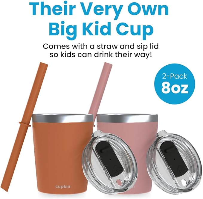 CUPKIN Steel Cup, The Original 8 oz Stackable Stainless Steel Silicone Straw Cup, Set of 2 Powder Coated Insulated Toddler Cups & BPA Free Lids + Food Grade Reusable Silicone Straws (Rust + Salmon)