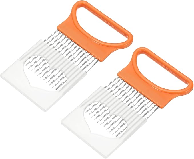 uxcell 2 Pcs Onion Slicer Holder, 4.3 x 3.1 Inch Stainless Steel Vegetable Cutting Holder Food Cutter Tool for Slicing Storing Onions Tomatoes Potatoes Avocados Apples, Orange