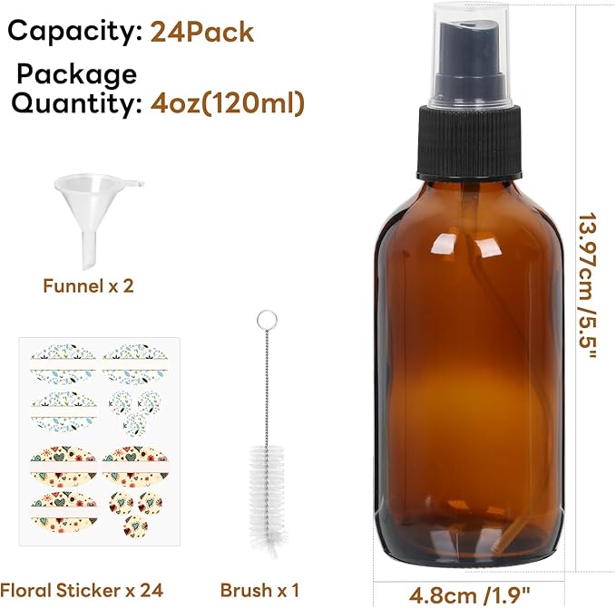 STARSIDE 24 Pack 4 oz Amber Glass Spray Bottles with Fine Mist Sprayer,120 ml Glass Travel Bottles for Cosmetic Essential Oils Cleaning Solutions Perfumes & Liquids