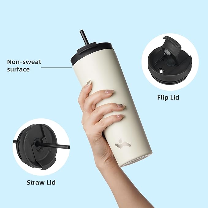 Konokyo 18 OZ Insulated Tumbler with Lid and 2 Straws Stainless Steel Water Bottle Vacuum Travel Mug Coffee Cup,Angel White