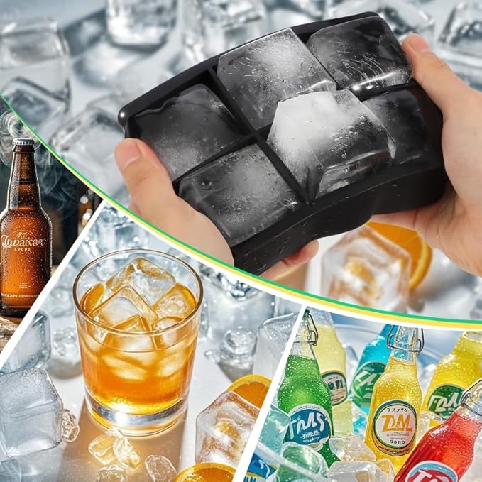 Silicone Ice Cube Tray, Easy Release Flexible Silicone Freezer Mold with Removable Lid, 2PCS of 6 Large Ice Cubes Tray for Whiskey, Freezer, Cocktail, Reusable & BPA Free (6 Square*2)