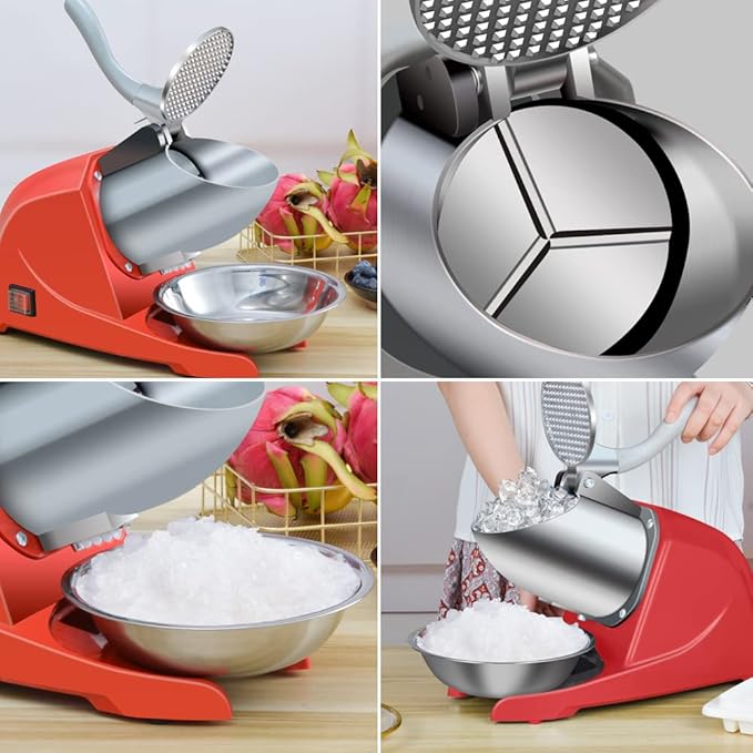 Snow Cone Machine 380W Shaved Ice Machine 3 Blades, 280lbs/hr Electric ICE Shaver, Prevent Splash, for Home and Commercial Use with Ice Pick - Red
