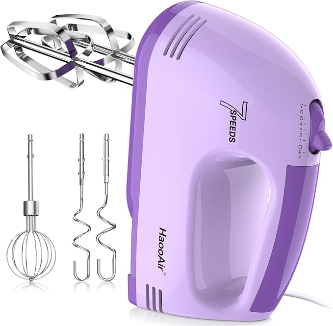 Electric Handheld Mixer, 7-Speed Adjustable Kitchen Mixer, 5 Stainless Steel Accessories (2 * Dough Hooks, 2 * Beaters, 1 * Whisk), Perfect for Kitchen and Baking Food Mixers, Purple
