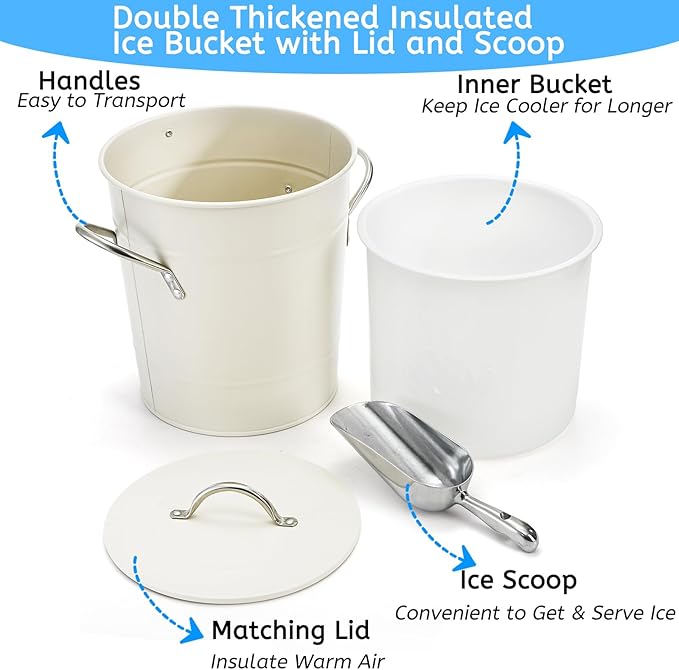YOUEON 4L Ice Bucket with Scoop and Lid, Double Walled Insulated Wine Bucket Chiller with Carry Handles, Beverage Tub for Cocktail Party, Camping, BBQ, Indoor & Outdoor Use, White